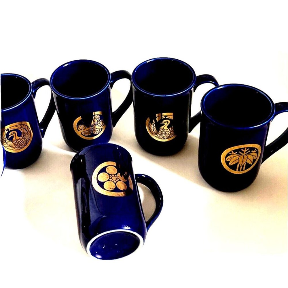 Asian Design Skinny Coffee Mug Cup Cobalt Blue Shiny Gold Signs Set 5  Vintage